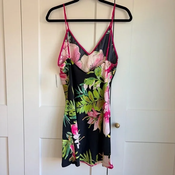 Natori Black Slip Nightgown with Pink Floral DesignS